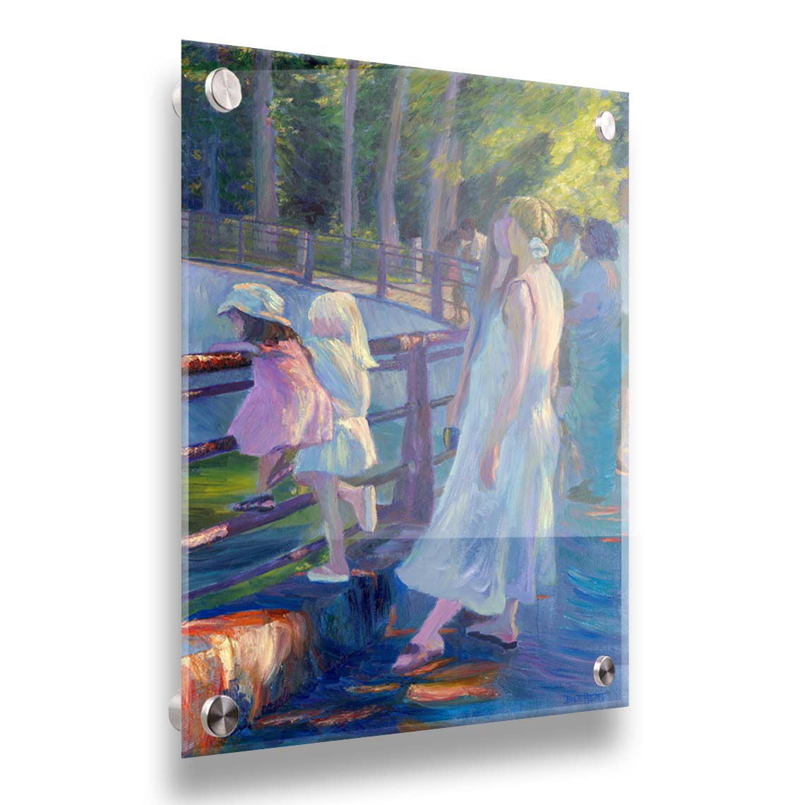 A painting of a woman and two children among a crowd, looking down into an enclosure at the zoo animals. Printed on acrylic.