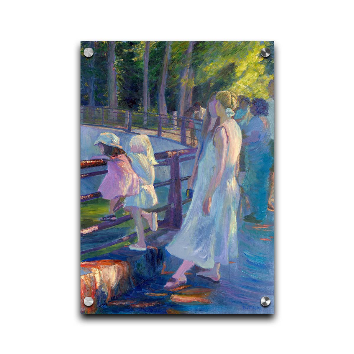 A painting of a woman and two children among a crowd, looking down into an enclosure at the zoo animals. Printed on acrylic.