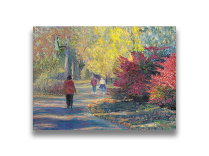 A painting of people walking in a park, the leaves changing to yellows and reds for autumn. Printed on canvas.