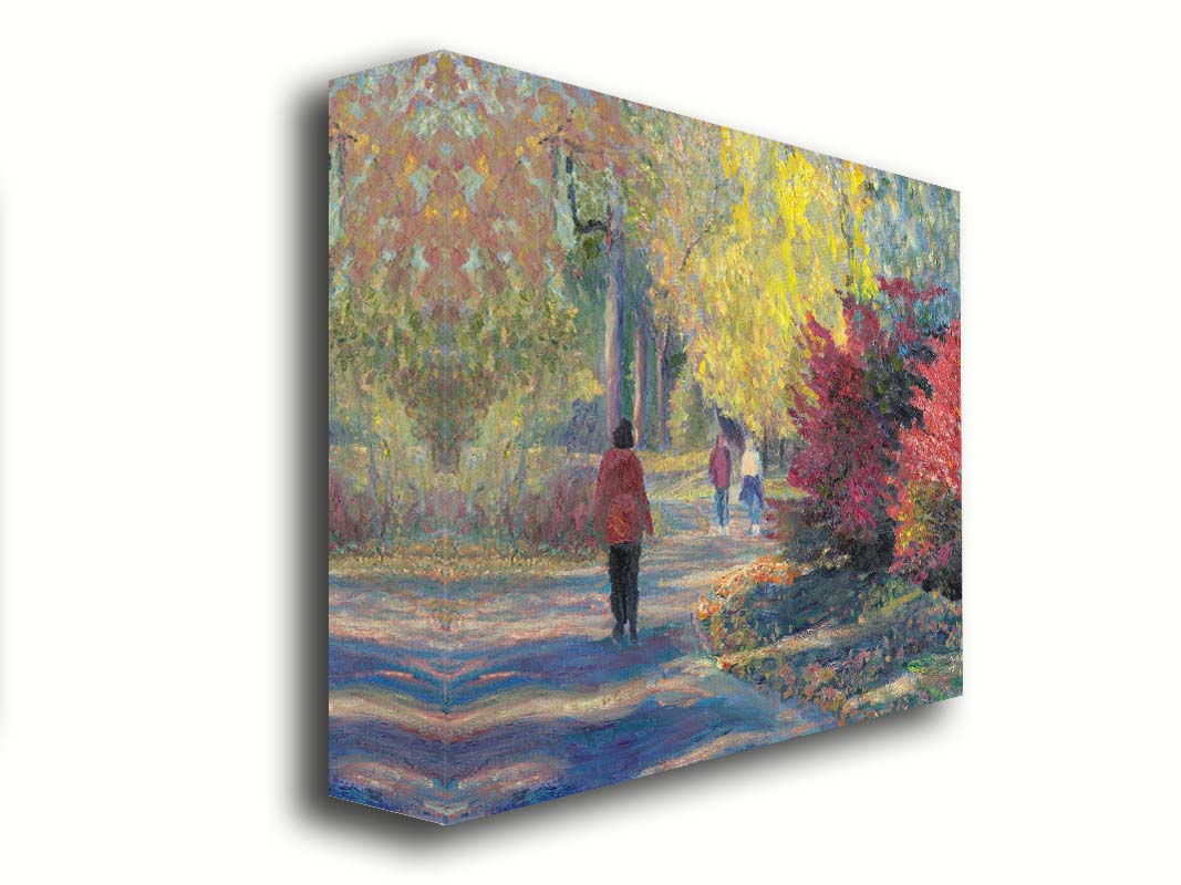 A painting of people walking in a park, the leaves changing to yellows and reds for autumn. Printed on canvas.