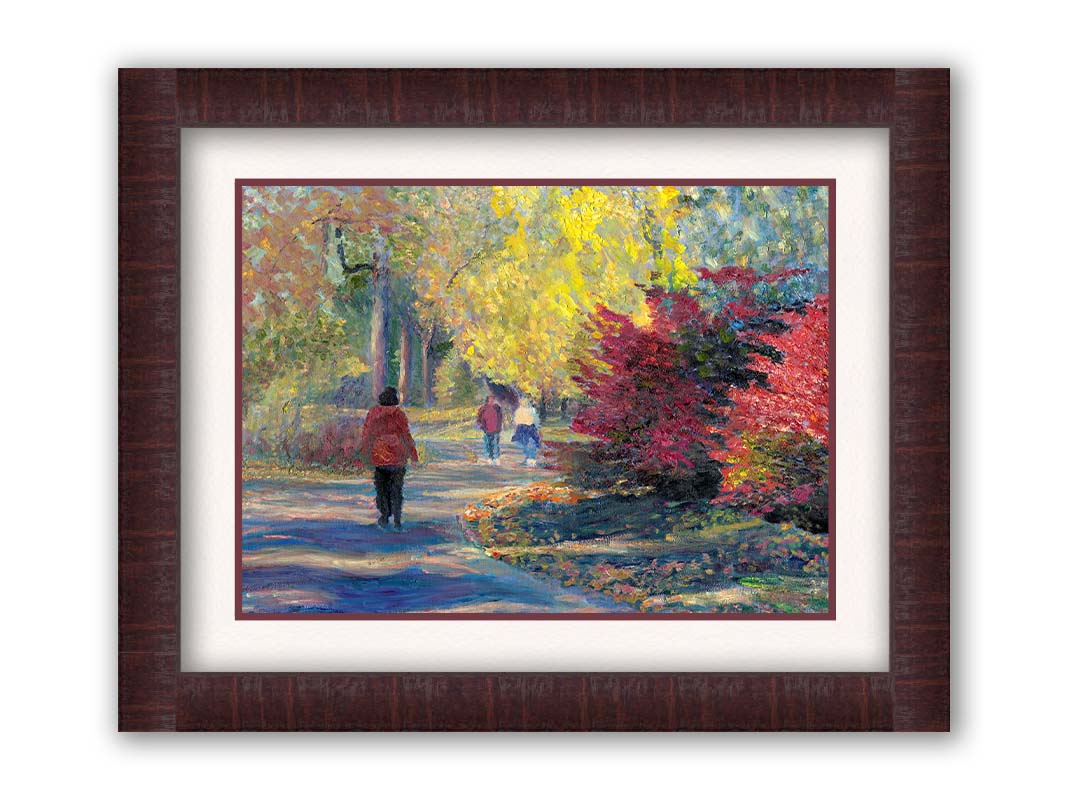 A painting of people walking in a park, the leaves changing to yellows and reds for autumn. Printed on paper, matted, and framed.