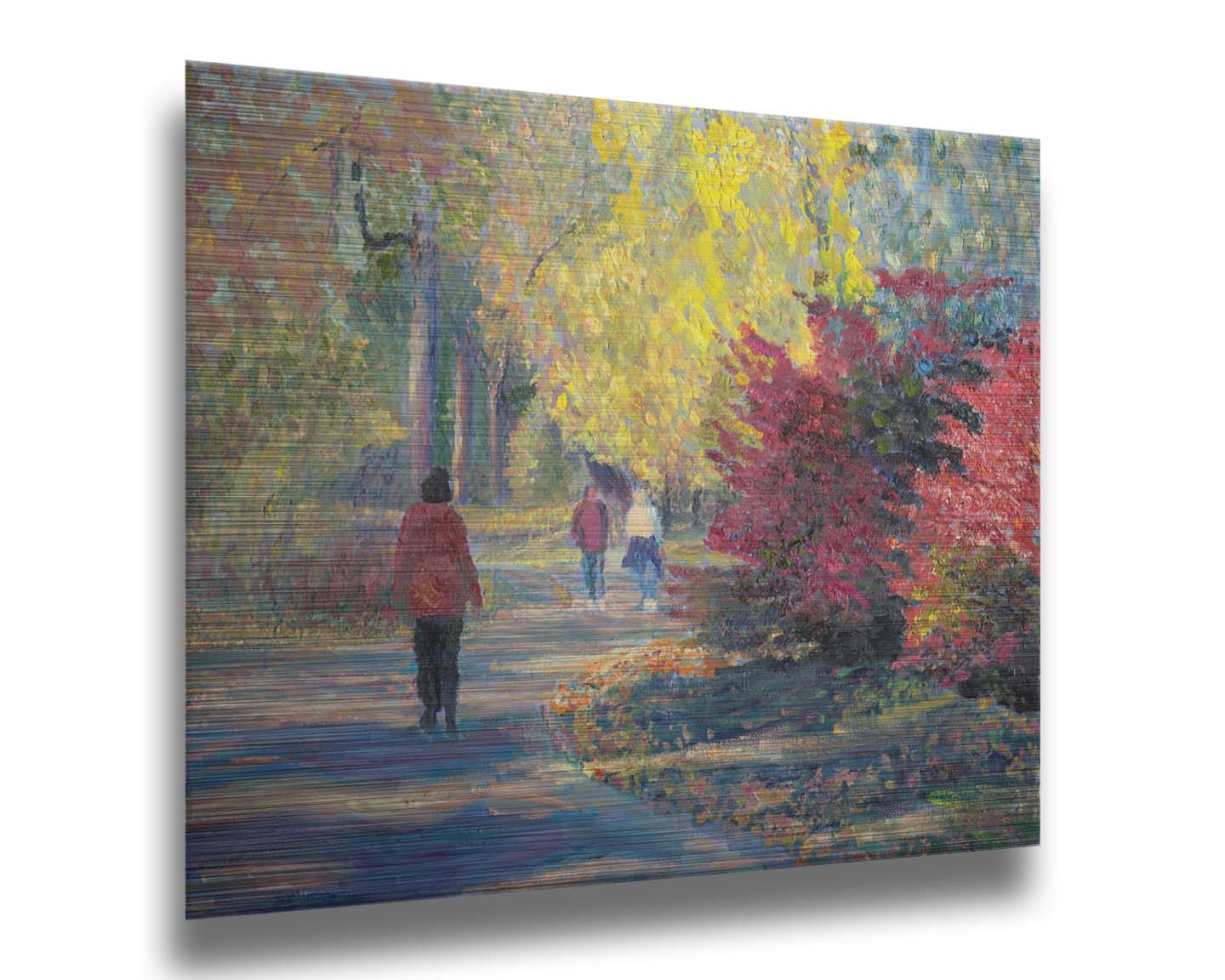 A painting of people walking in a park, the leaves changing to yellows and reds for autumn. Printed on metal.