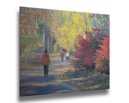 A painting of people walking in a park, the leaves changing to yellows and reds for autumn. Printed on metal.