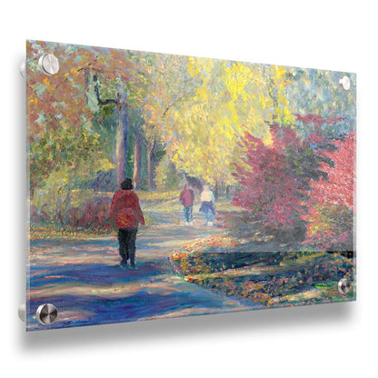 A painting of people walking in a park, the leaves changing to yellows and reds for autumn. Printed on acrylic.