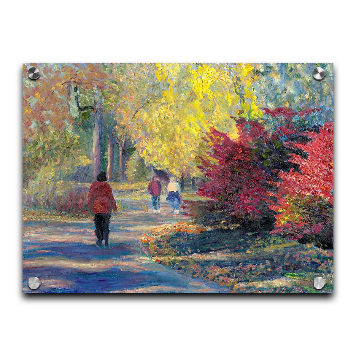 A painting of people walking in a park, the leaves changing to yellows and reds for autumn. Printed on acrylic.