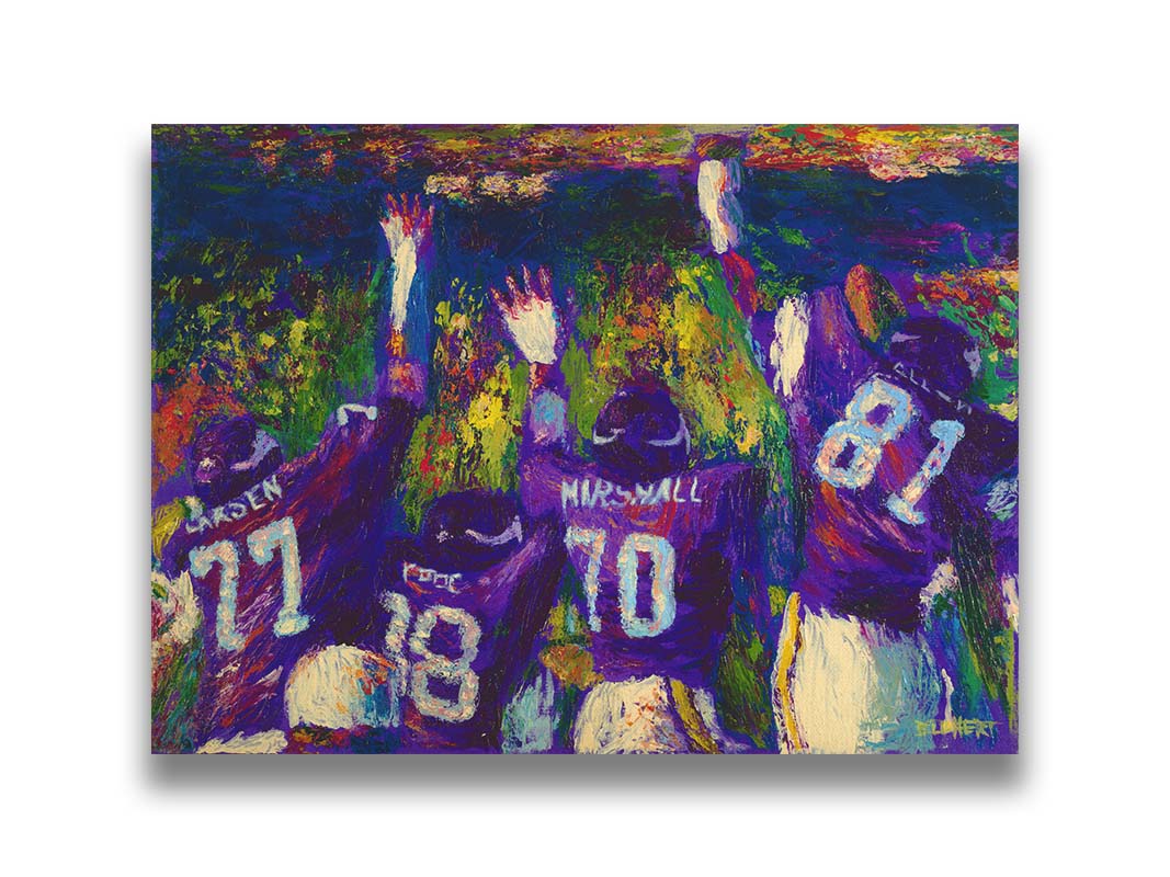 A painting of the celebrating Minnesota Vikings "Purple People Eaters" defensive line, waving to a stadium of fans. Printed on canvas.