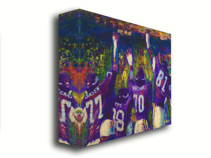 A painting of the celebrating Minnesota Vikings "Purple People Eaters" defensive line, waving to a stadium of fans. Printed on canvas.