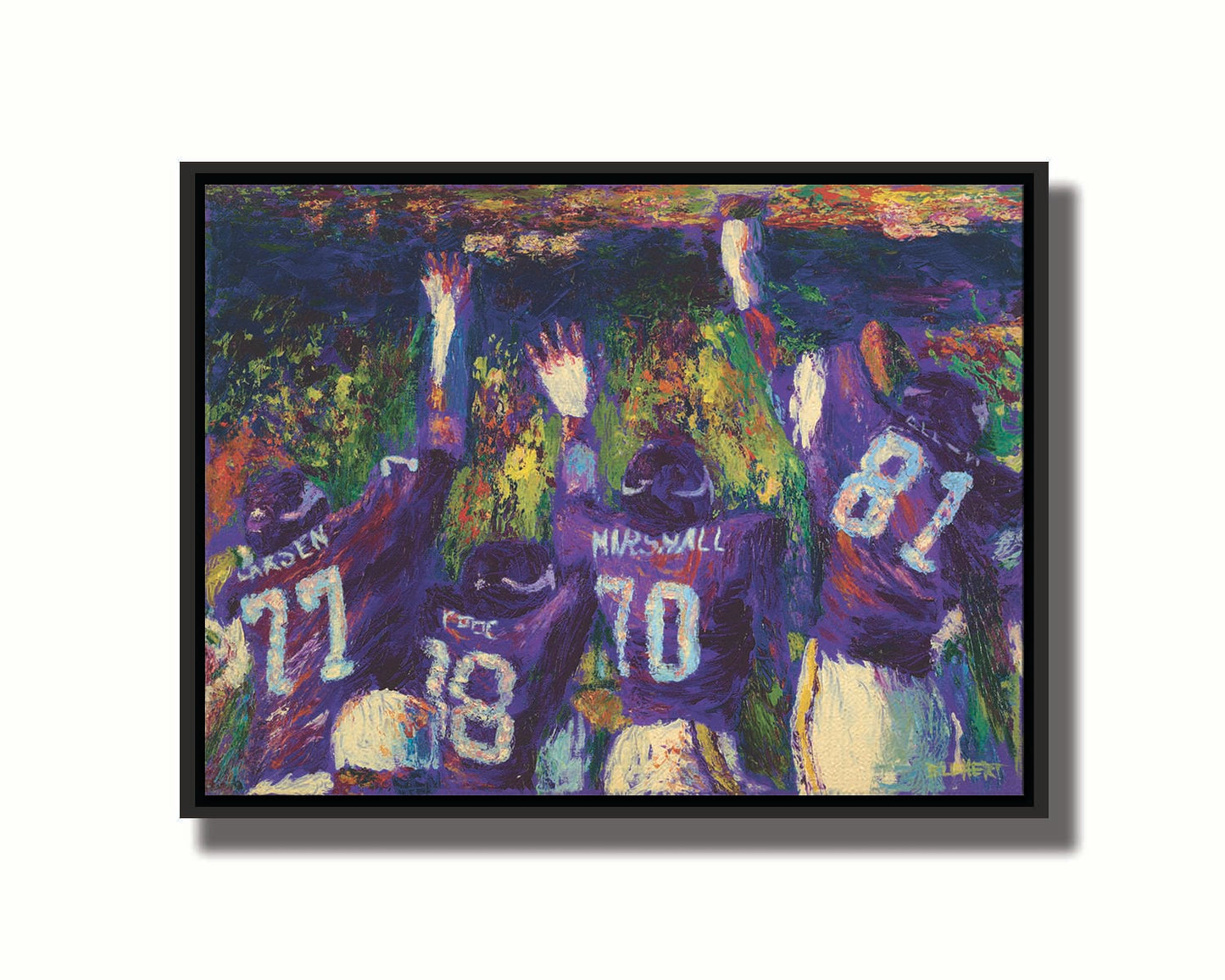 A painting of the celebrating Minnesota Vikings "Purple People Eaters" defensive line, waving to a stadium of fans. Printed on canvas in a float frame.