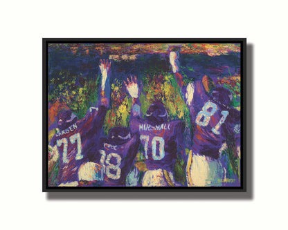 A painting of the celebrating Minnesota Vikings "Purple People Eaters" defensive line, waving to a stadium of fans. Printed on canvas in a float frame.