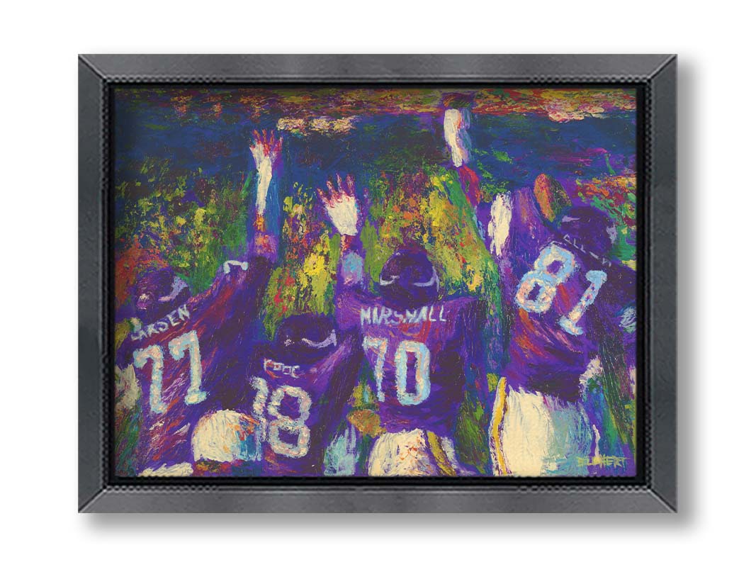 A painting of the celebrating Minnesota Vikings "Purple People Eaters" defensive line, waving to a stadium of fans. Printed on canvas and framed.