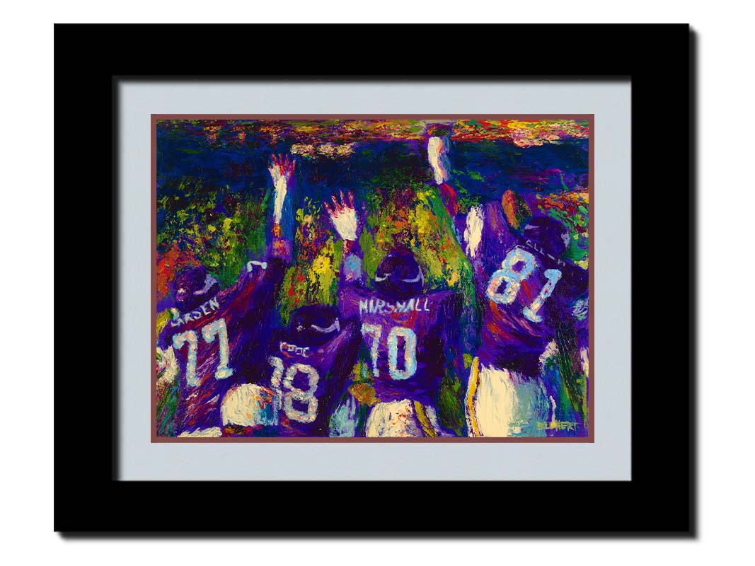 A painting of the celebrating Minnesota Vikings "Purple People Eaters" defensive line, waving to a stadium of fans. Printed on paper, matted, and framed.