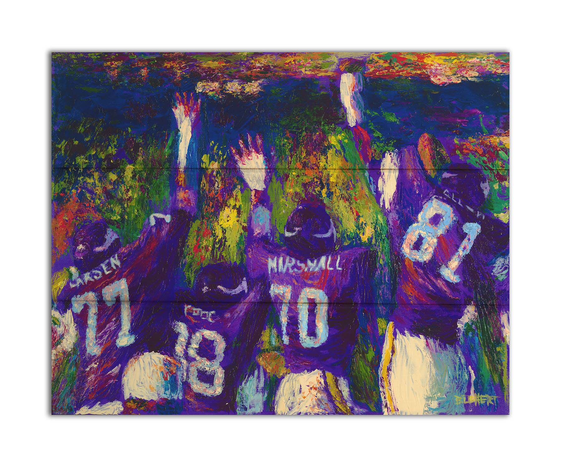 A painting of the celebrating Minnesota Vikings "Purple People Eaters" defensive line, waving to a stadium of fans. Printed on a box board.