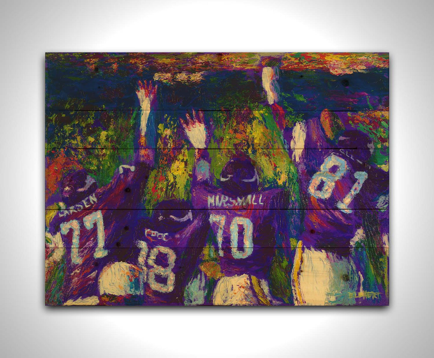 A painting of the celebrating Minnesota Vikings "Purple People Eaters" defensive line, waving to a stadium of fans. Printed on a wood pallet.