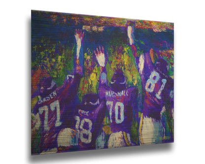 A painting of the celebrating Minnesota Vikings "Purple People Eaters" defensive line, waving to a stadium of fans. Printed on metal.