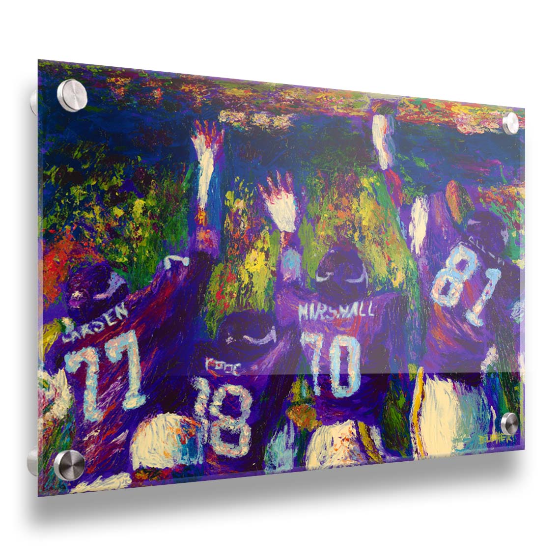 A painting of the celebrating Minnesota Vikings "Purple People Eaters" defensive line, waving to a stadium of fans. Printed on acrylic.