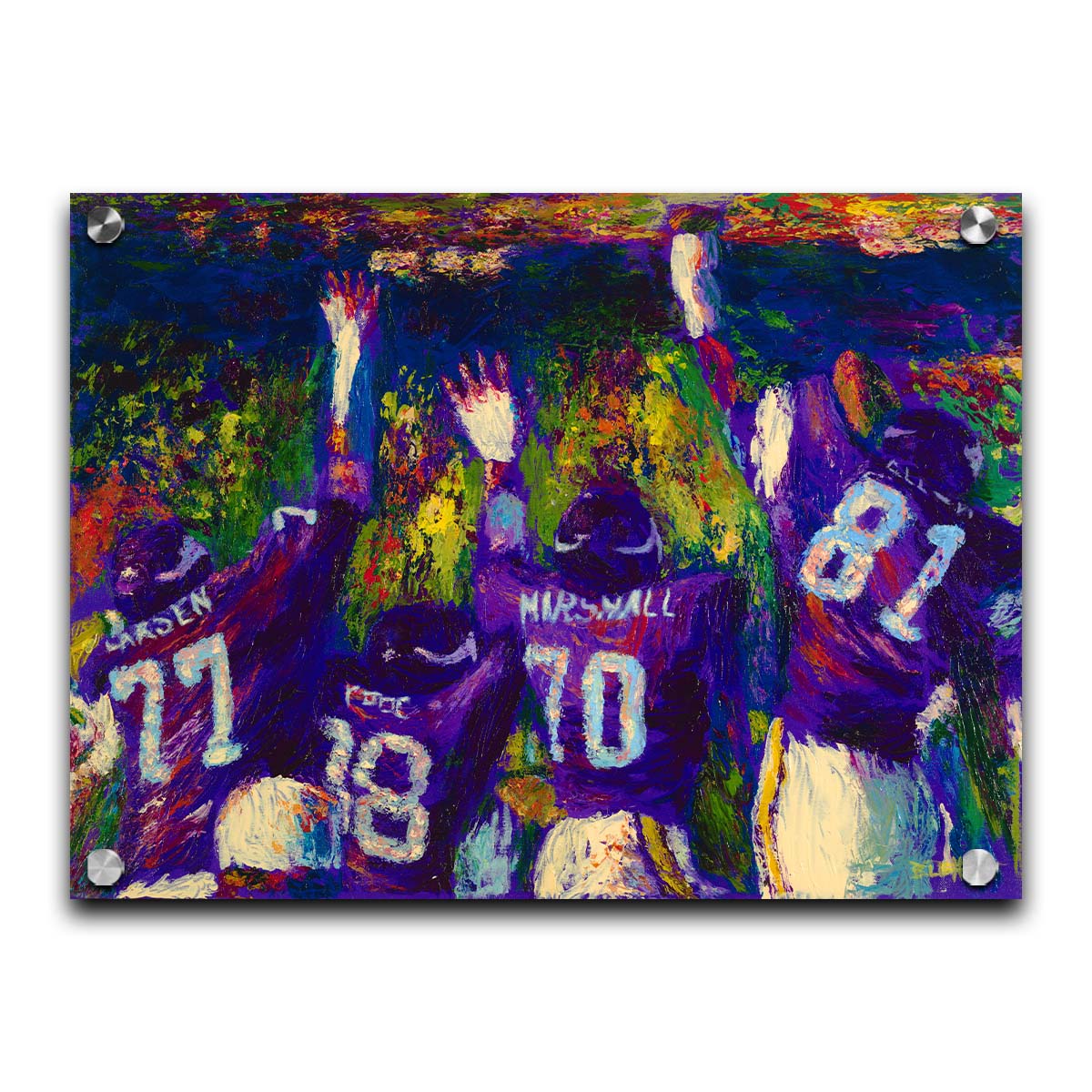 A painting of the celebrating Minnesota Vikings "Purple People Eaters" defensive line, waving to a stadium of fans. Printed on acrylic.