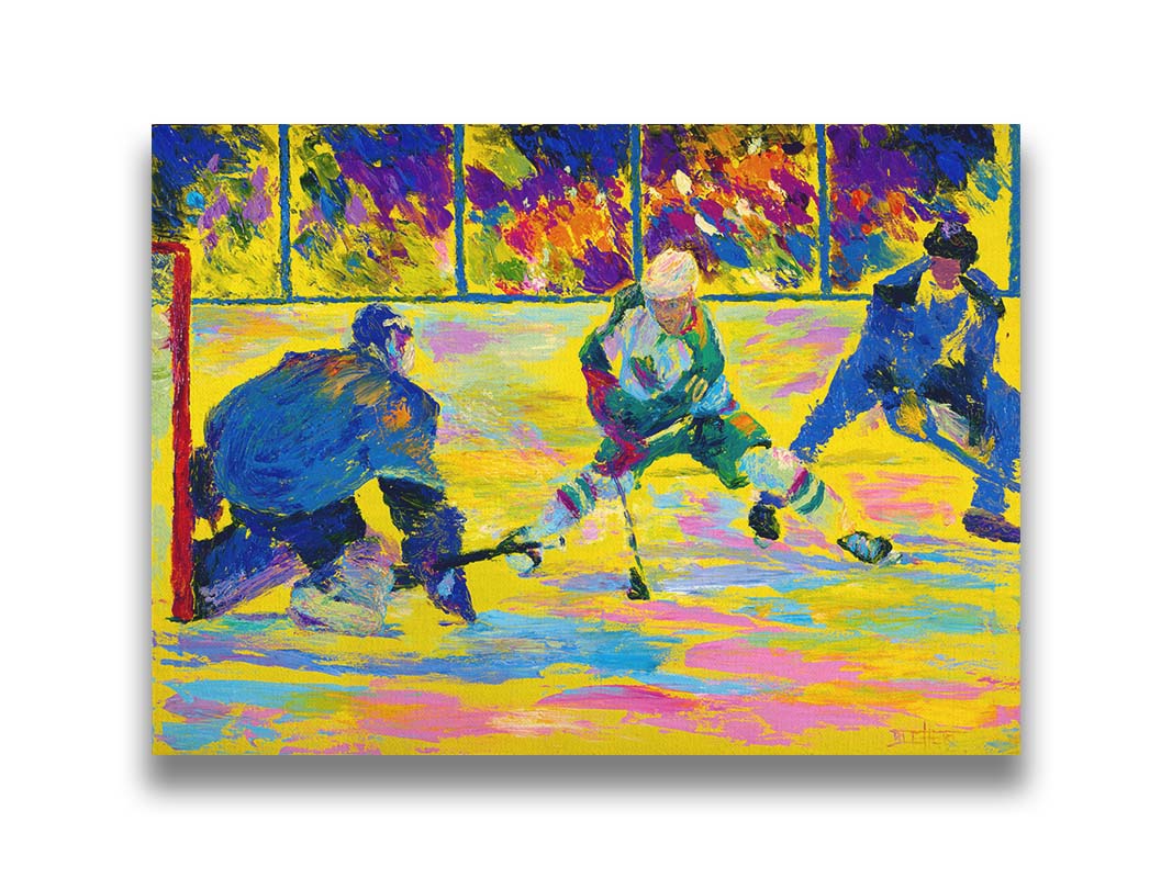 A painting of three hockey players. The artist's usage of arbitrary color creates a strong contrast between the yellow ice and blue hockey uniforms. Printed on canvas.