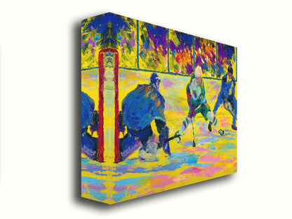 A painting of three hockey players. The artist's usage of arbitrary color creates a strong contrast between the yellow ice and blue hockey uniforms. Printed on canvas.