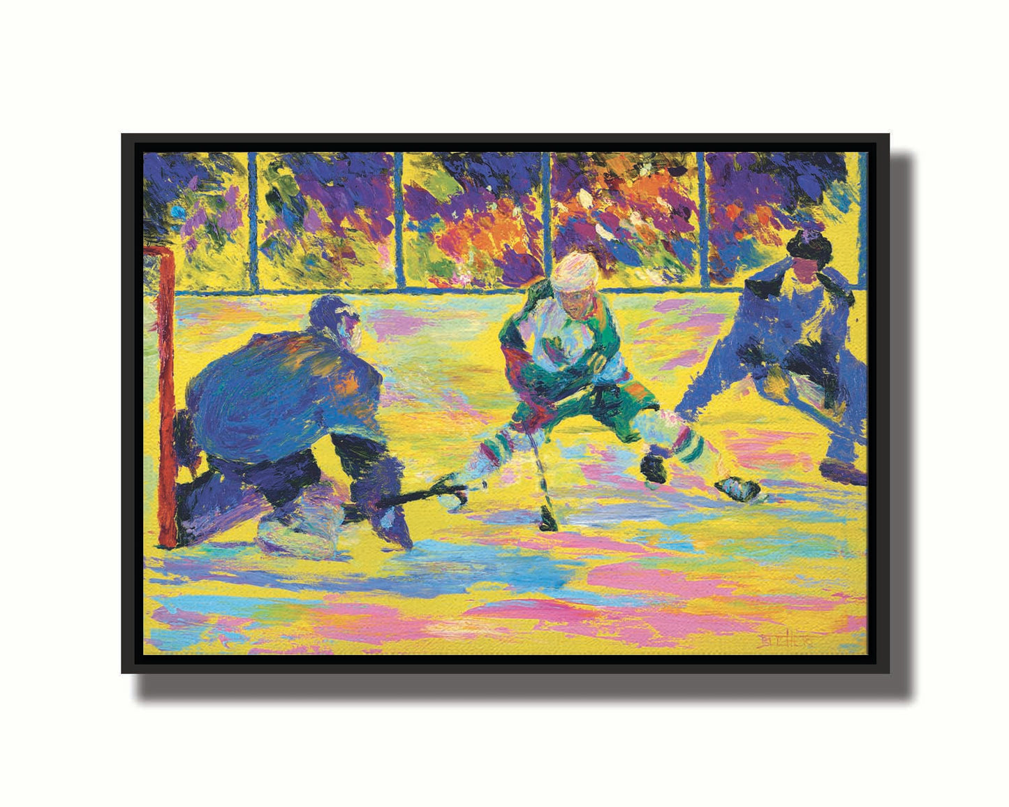 A painting of three hockey players. The artist's usage of arbitrary color creates a strong contrast between the yellow ice and blue hockey uniforms. Printed on canvas in a float frame.