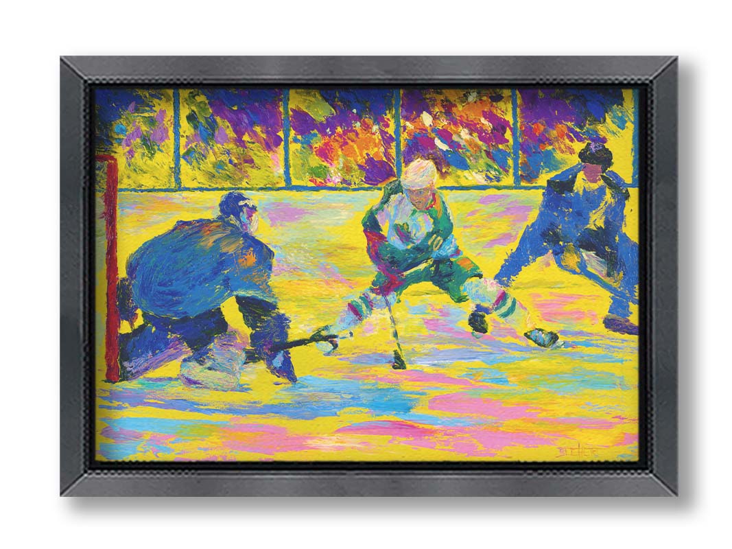 A painting of three hockey players. The artist's usage of arbitrary color creates a strong contrast between the yellow ice and blue hockey uniforms. Printed on canvas and framed.