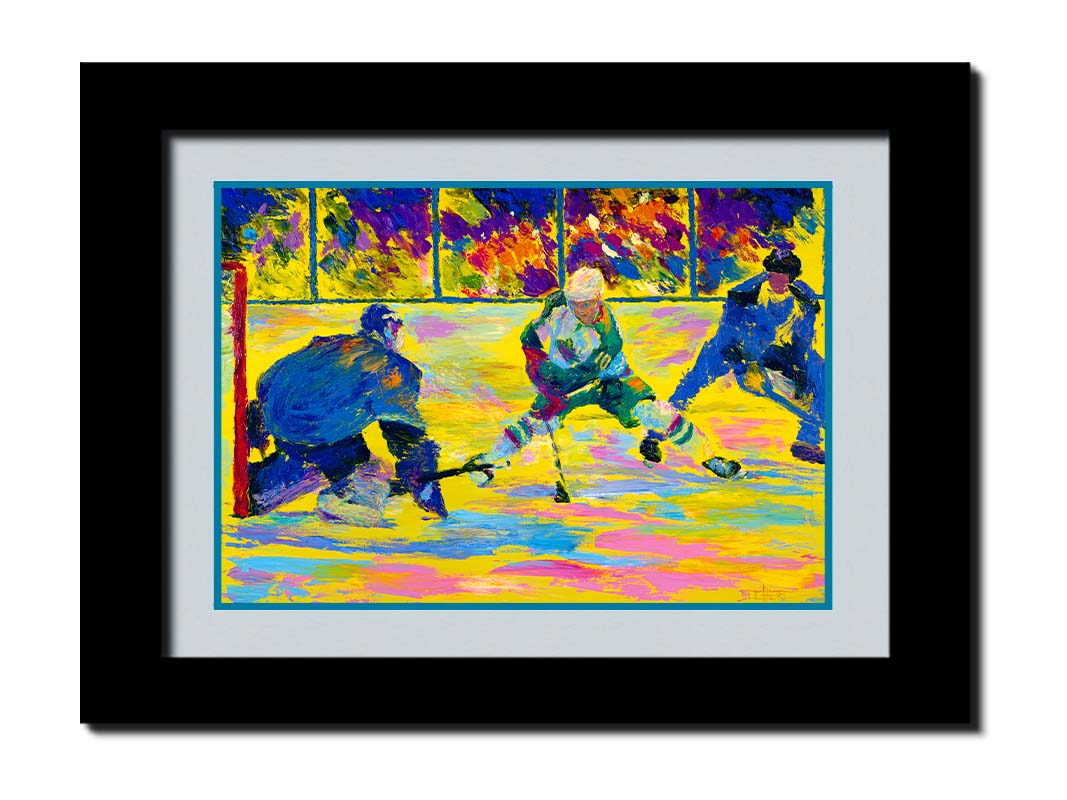 A painting of three hockey players. The artist's usage of arbitrary color creates a strong contrast between the yellow ice and blue hockey uniforms. Printed on paper, matted, and framed.