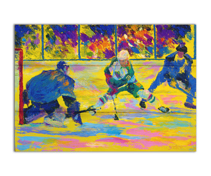 A painting of three hockey players. The artist's usage of arbitrary color creates a strong contrast between the yellow ice and blue hockey uniforms. Printed on a box board.