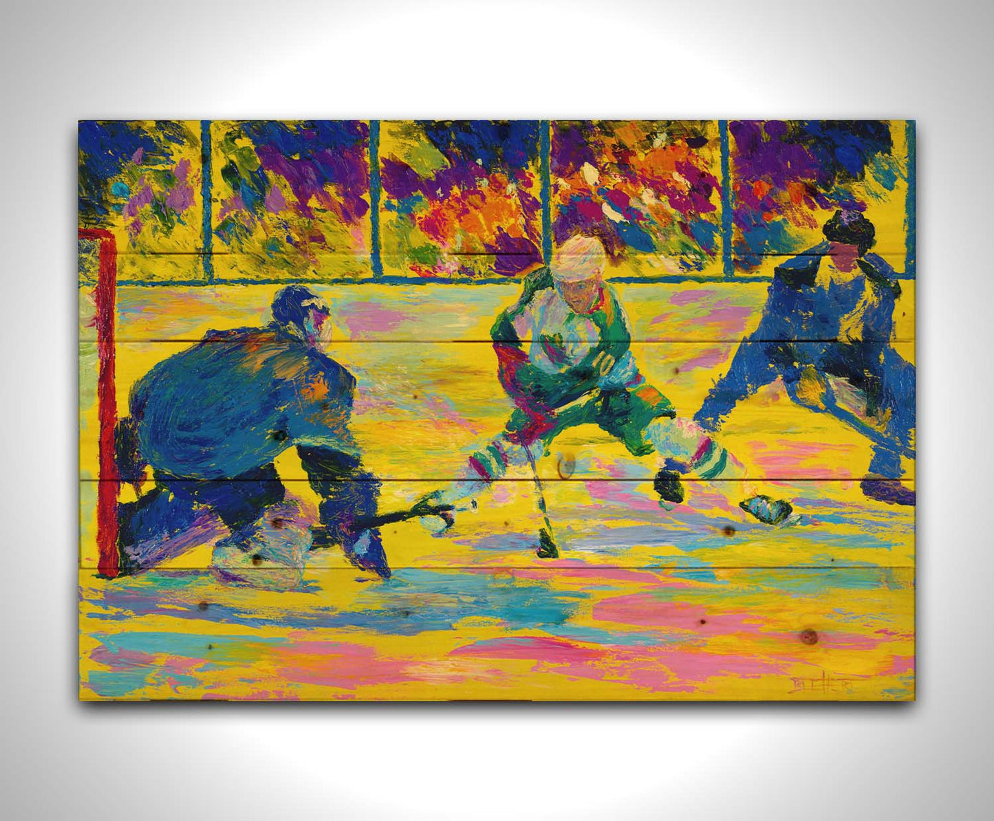 A painting of three hockey players. The artist's usage of arbitrary color creates a strong contrast between the yellow ice and blue hockey uniforms. Printed on a wood pallet.