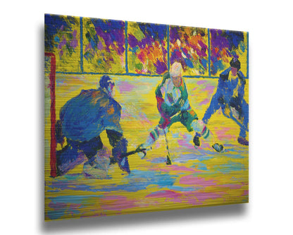 A painting of three hockey players. The artist's usage of arbitrary color creates a strong contrast between the yellow ice and blue hockey uniforms. Printed on metal.