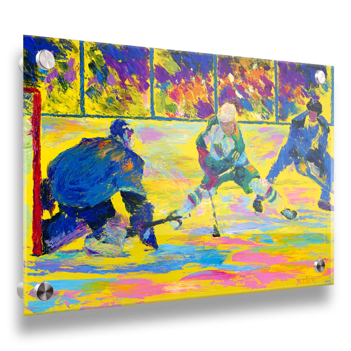 A painting of three hockey players. The artist's usage of arbitrary color creates a strong contrast between the yellow ice and blue hockey uniforms. Printed on acrylic.