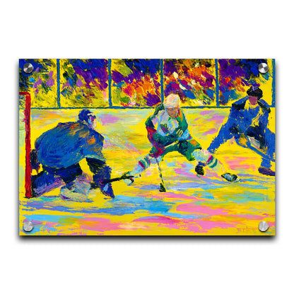 A painting of three hockey players. The artist's usage of arbitrary color creates a strong contrast between the yellow ice and blue hockey uniforms. Printed on acrylic.