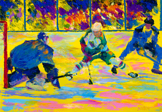 A painting of three hockey players. The artist's usage of arbitrary color creates a strong contrast between the yellow ice and blue hockey uniforms.