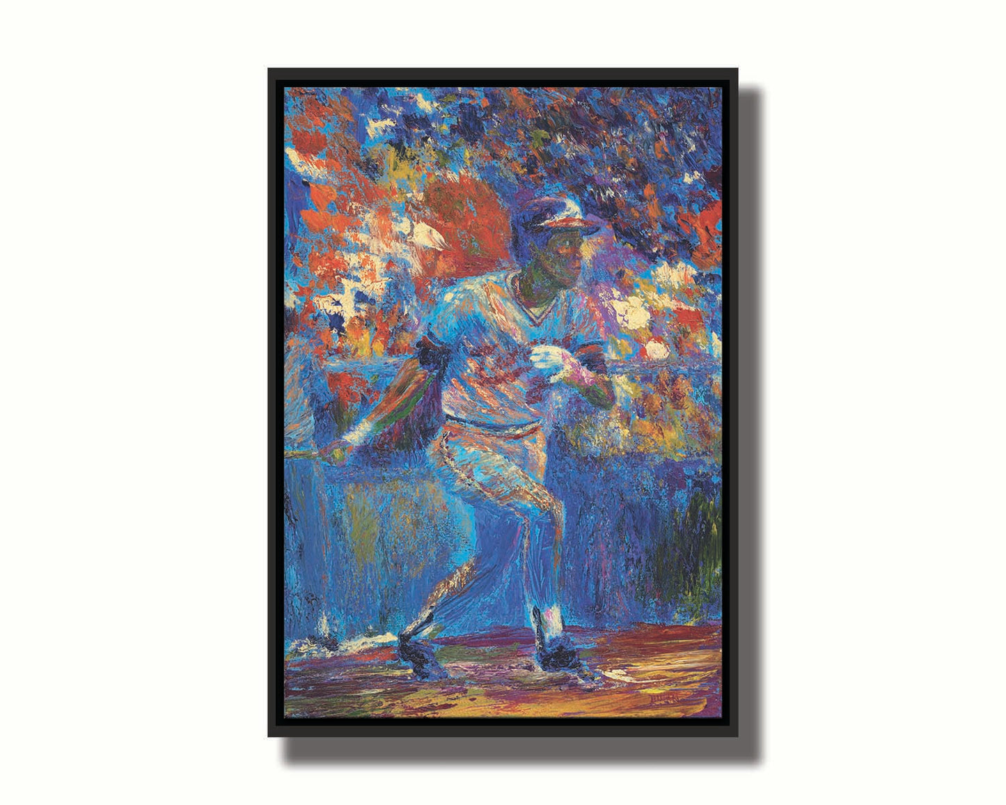 A painting of baseball player Rod Carew in action on the field. Printed on canvas in a float frame.