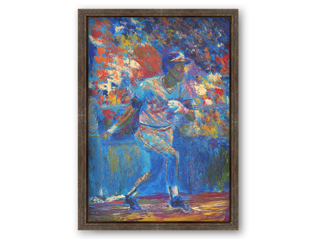 A painting of baseball player Rod Carew in action on the field. Printed on canvas and framed.