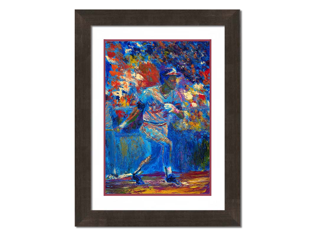 A painting of baseball player Rod Carew in action on the field. Printed on paper, matted, and framed.