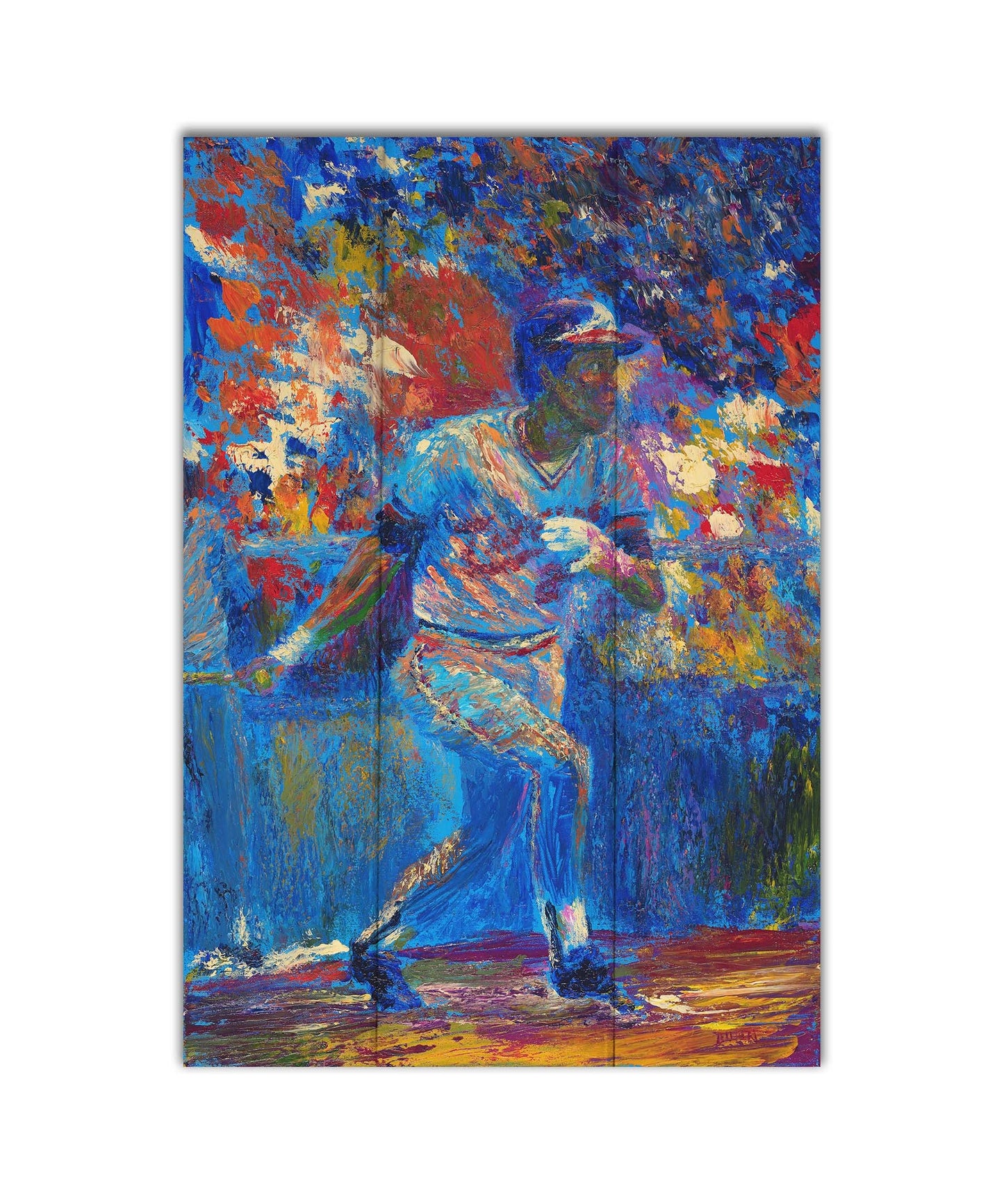 A painting of baseball player Rod Carew in action on the field. Printed on a box board.