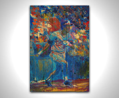 A painting of baseball player Rod Carew in action on the field. Printed on a wood pallet.