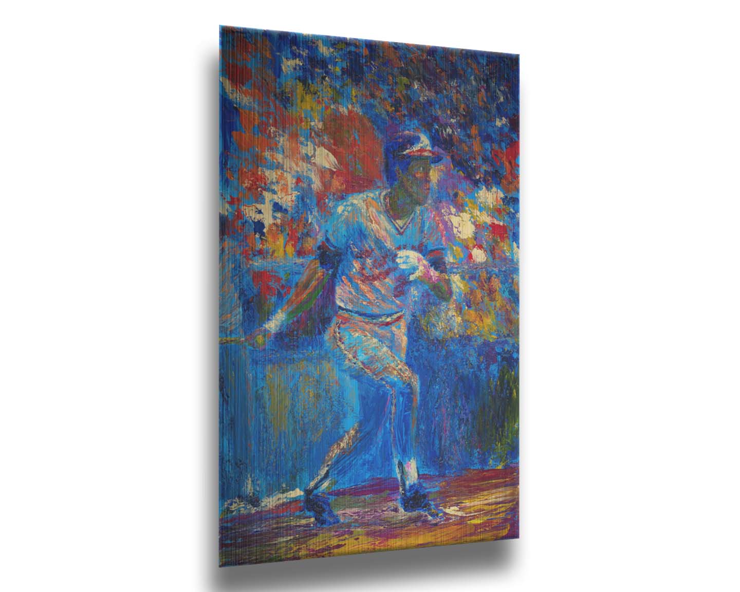 A painting of baseball player Rod Carew in action on the field. Printed on metal.