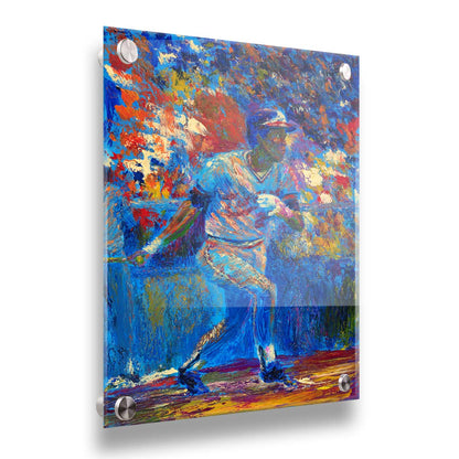 A painting of baseball player Rod Carew in action on the field. Printed on acrylic.