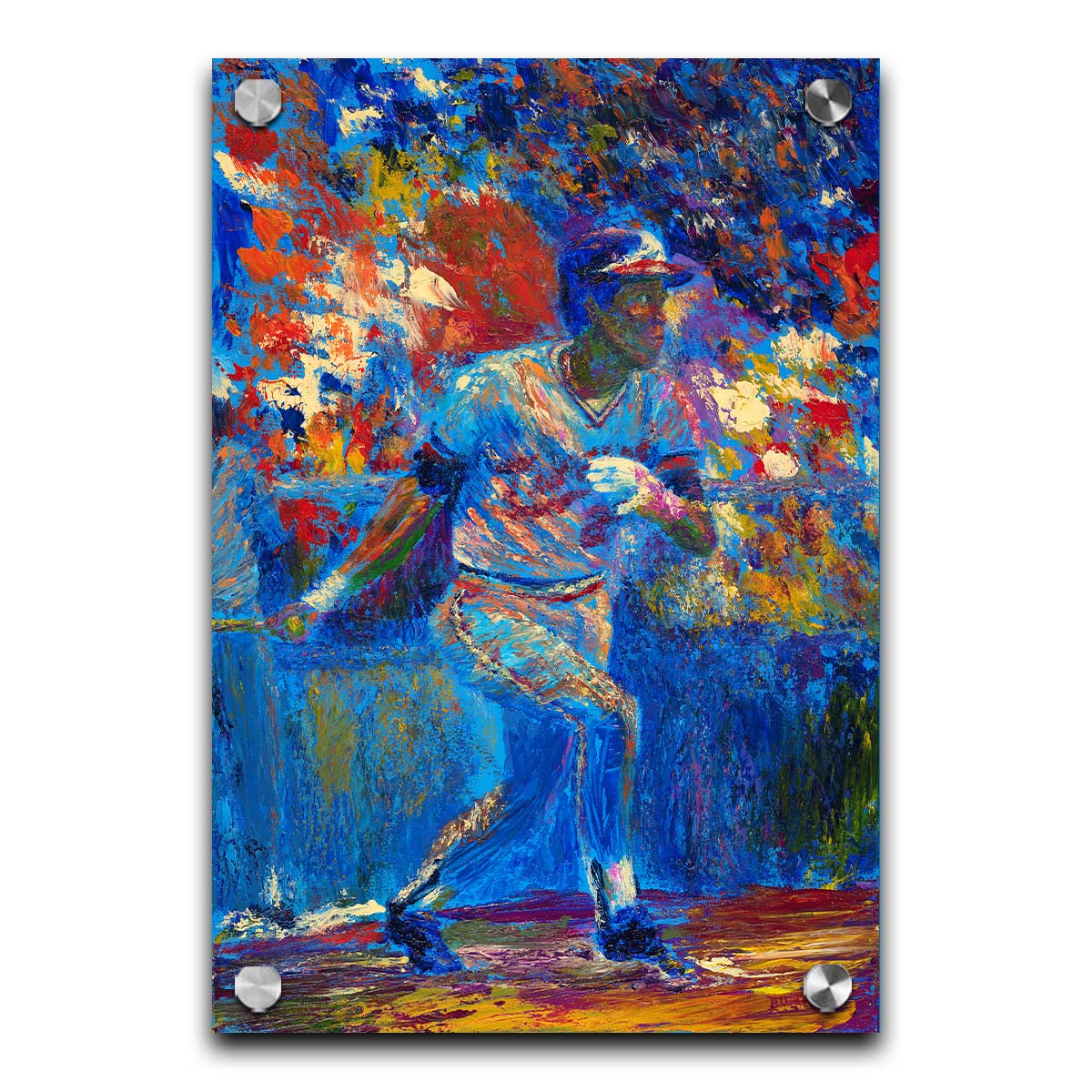 A painting of baseball player Rod Carew in action on the field. Printed on acrylic.