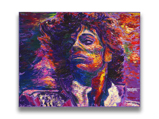 A painting of the musician Prince, painted in purple with blue shadows and red, white, and yellow highlights. Printed on canvas.