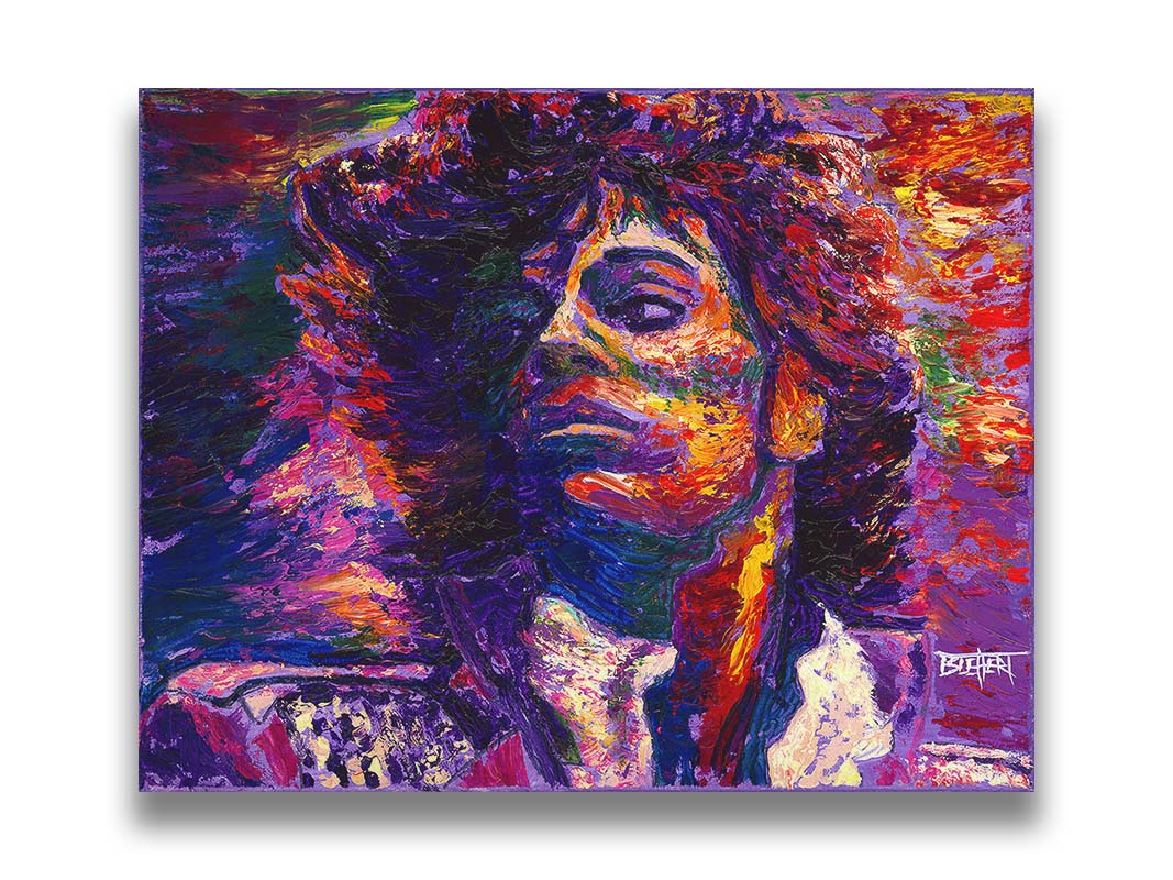 A painting of the musician Prince, painted in purple with blue shadows and red, white, and yellow highlights. Printed on canvas.