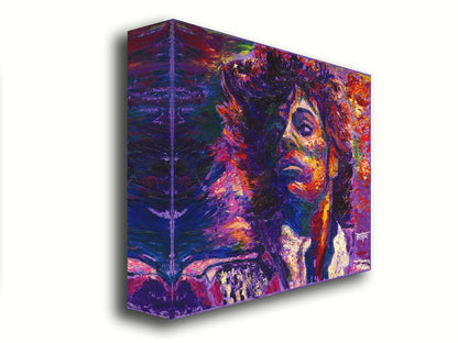 A painting of the musician Prince, painted in purple with blue shadows and red, white, and yellow highlights. Printed on canvas.