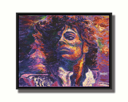 A painting of the musician Prince, painted in purple with blue shadows and red, white, and yellow highlights. Printed on canvas in a float frame.