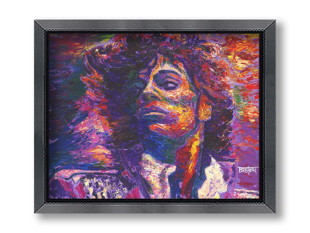 A painting of the musician Prince, painted in purple with blue shadows and red, white, and yellow highlights. Printed on canvas and framed.