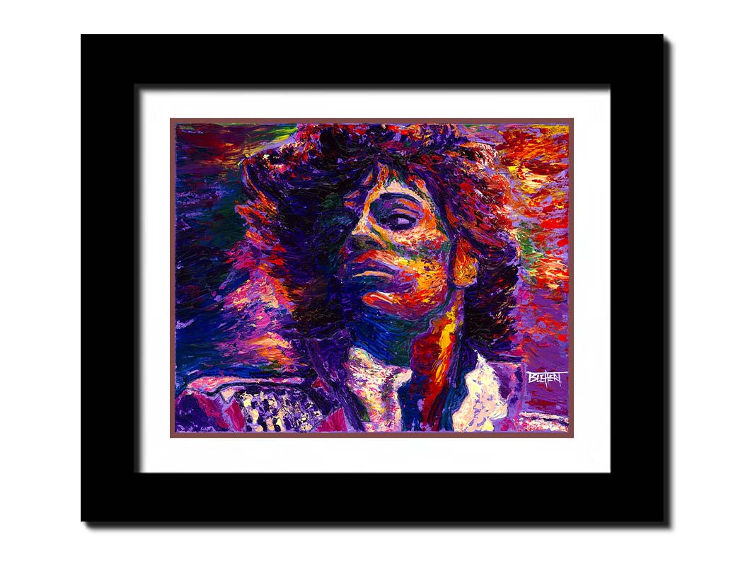 A painting of the musician Prince, painted in purple with blue shadows and red, white, and yellow highlights. Printed on paper, matted, and framed.