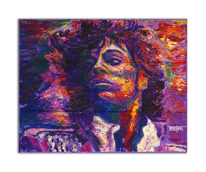 A painting of the musician Prince, painted in purple with blue shadows and red, white, and yellow highlights. Printed on a box board.