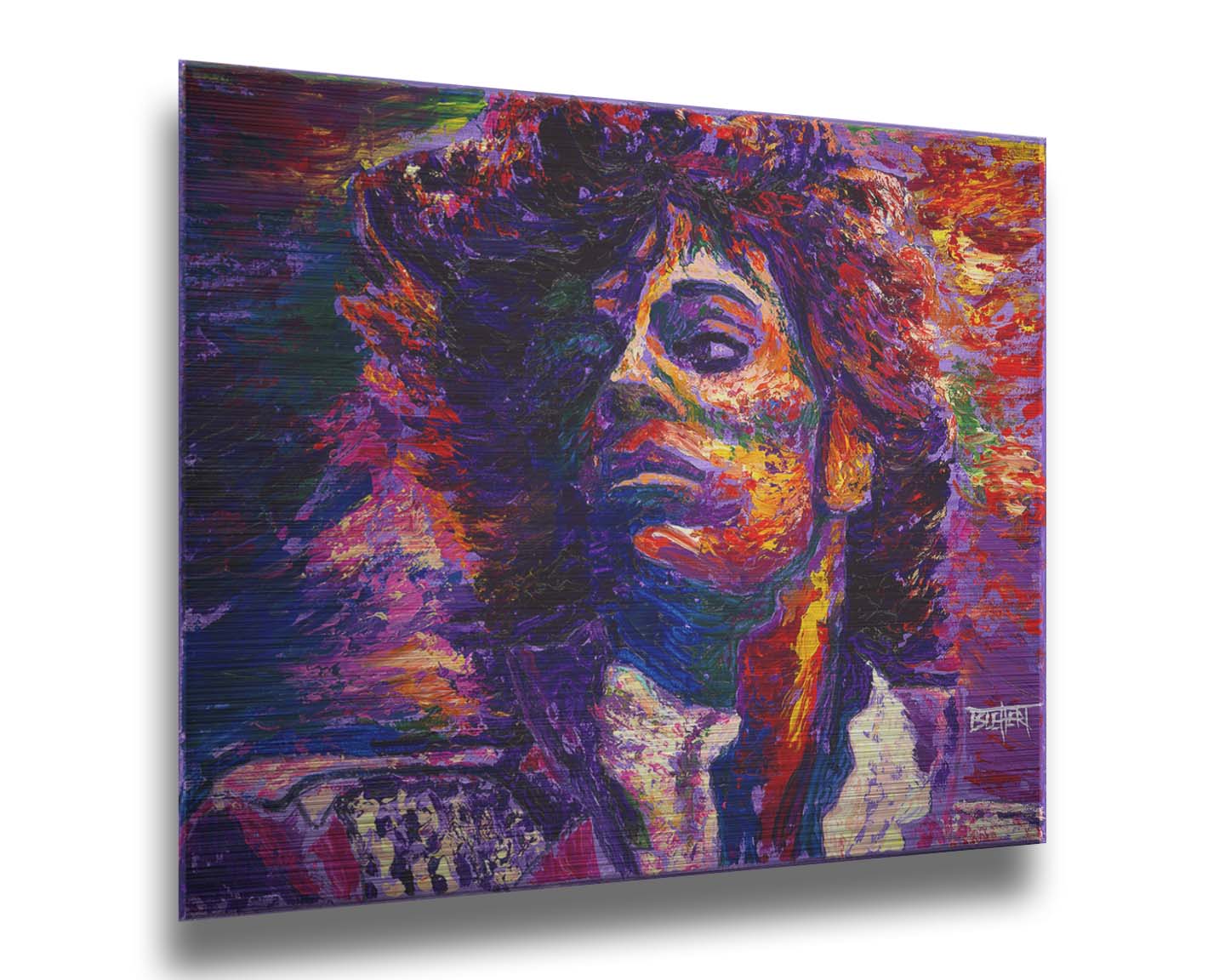 A painting of the musician Prince, painted in purple with blue shadows and red, white, and yellow highlights. Printed on metal.