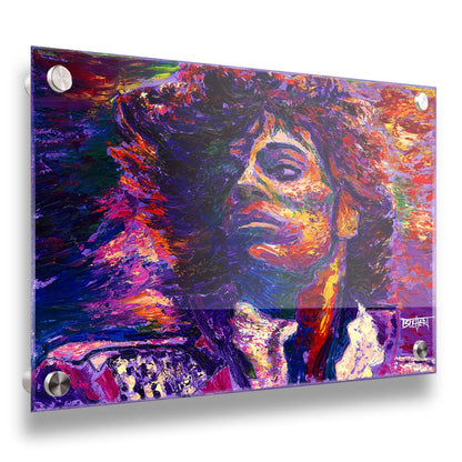 A painting of the musician Prince, painted in purple with blue shadows and red, white, and yellow highlights. Printed on acrylic.