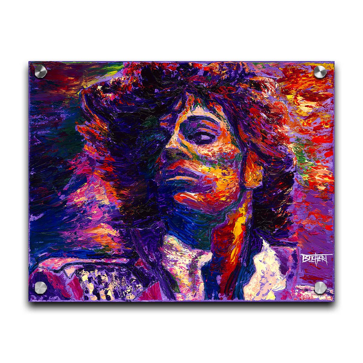 A painting of the musician Prince, painted in purple with blue shadows and red, white, and yellow highlights. Printed on acrylic.