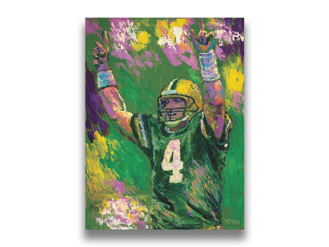 A painting of Brett Favre, legendary quarterback of the Green Bay Packers, striking a celebratory pose. Printed on canvas.